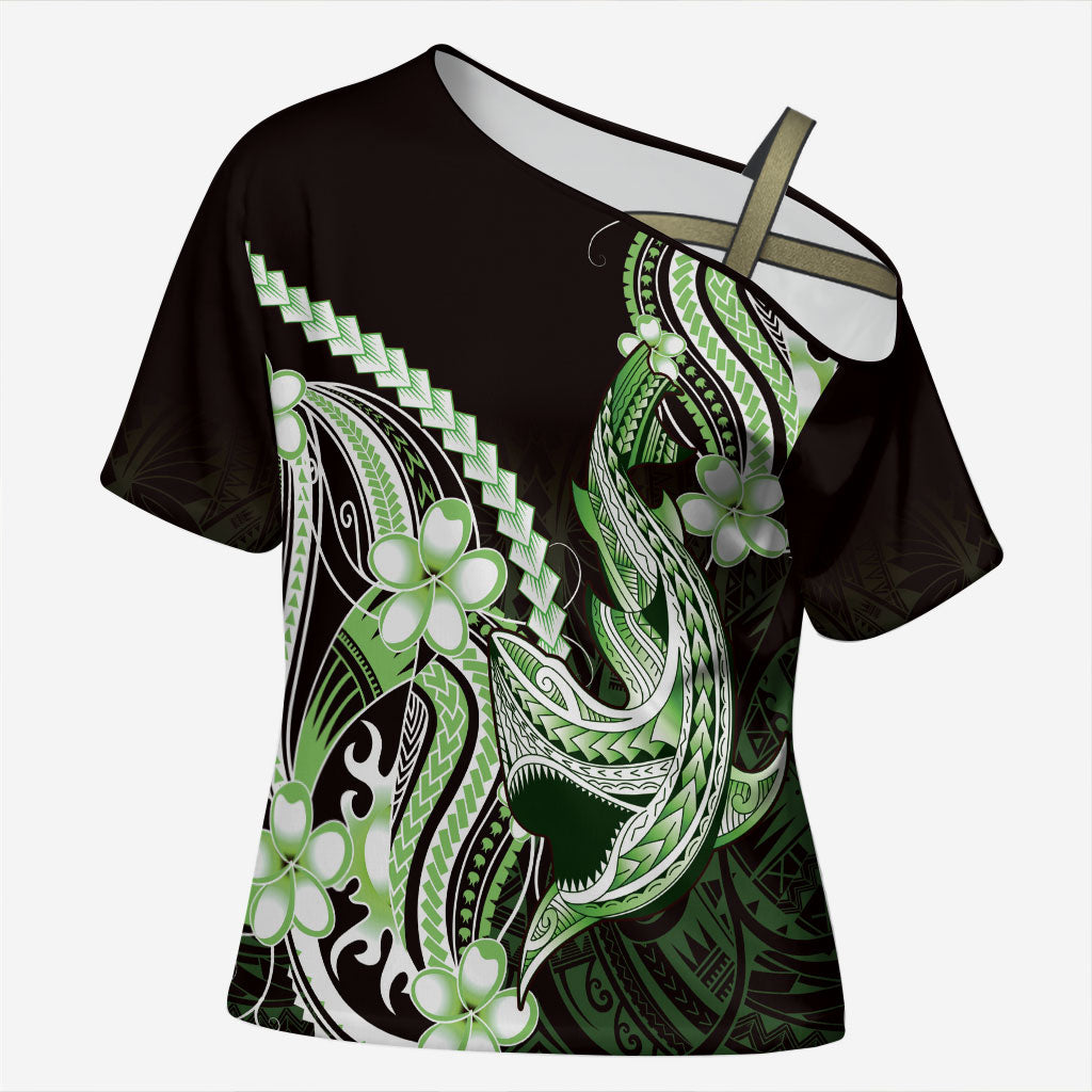 Green Black Aloha Hawaii Cross Shoulder Shirt Polynesian Shark Tattoo Plumeria LT14 Female Green - Polynesian Pride