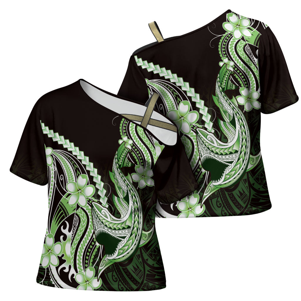 Green Black Aloha Hawaii Cross Shoulder Shirt Polynesian Shark Tattoo Plumeria