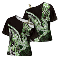 Green Black Aloha Hawaii Cross Shoulder Shirt Polynesian Shark Tattoo Plumeria