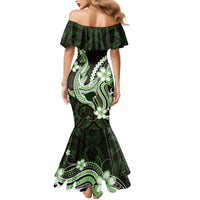 Green Black Aloha Hawaii Family Matching Mermaid Dress and Hawaiian Shirt Polynesian Shark Tattoo Plumeria