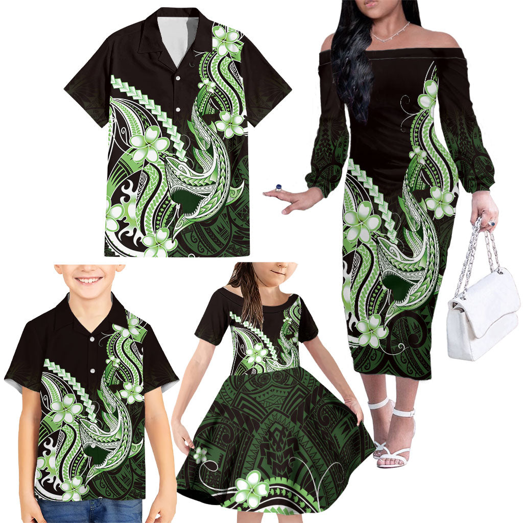 Green Black Aloha Hawaii Family Matching Off The Shoulder Long Sleeve Dress and Hawaiian Shirt Polynesian Shark Tattoo Plumeria LT14 - Polynesian Pride