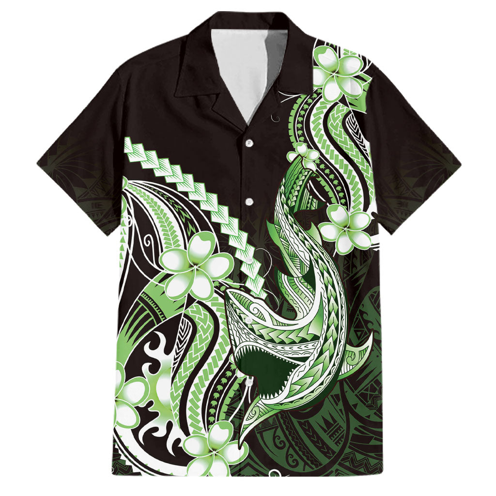 Green Black Aloha Hawaii Family Matching Off Shoulder Maxi Dress and Hawaiian Shirt Polynesian Shark Tattoo Plumeria