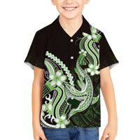 Green Black Aloha Hawaii Family Matching Off Shoulder Maxi Dress and Hawaiian Shirt Polynesian Shark Tattoo Plumeria