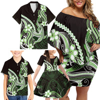 Green Black Aloha Hawaii Family Matching Off Shoulder Short Dress and Hawaiian Shirt Polynesian Shark Tattoo Plumeria