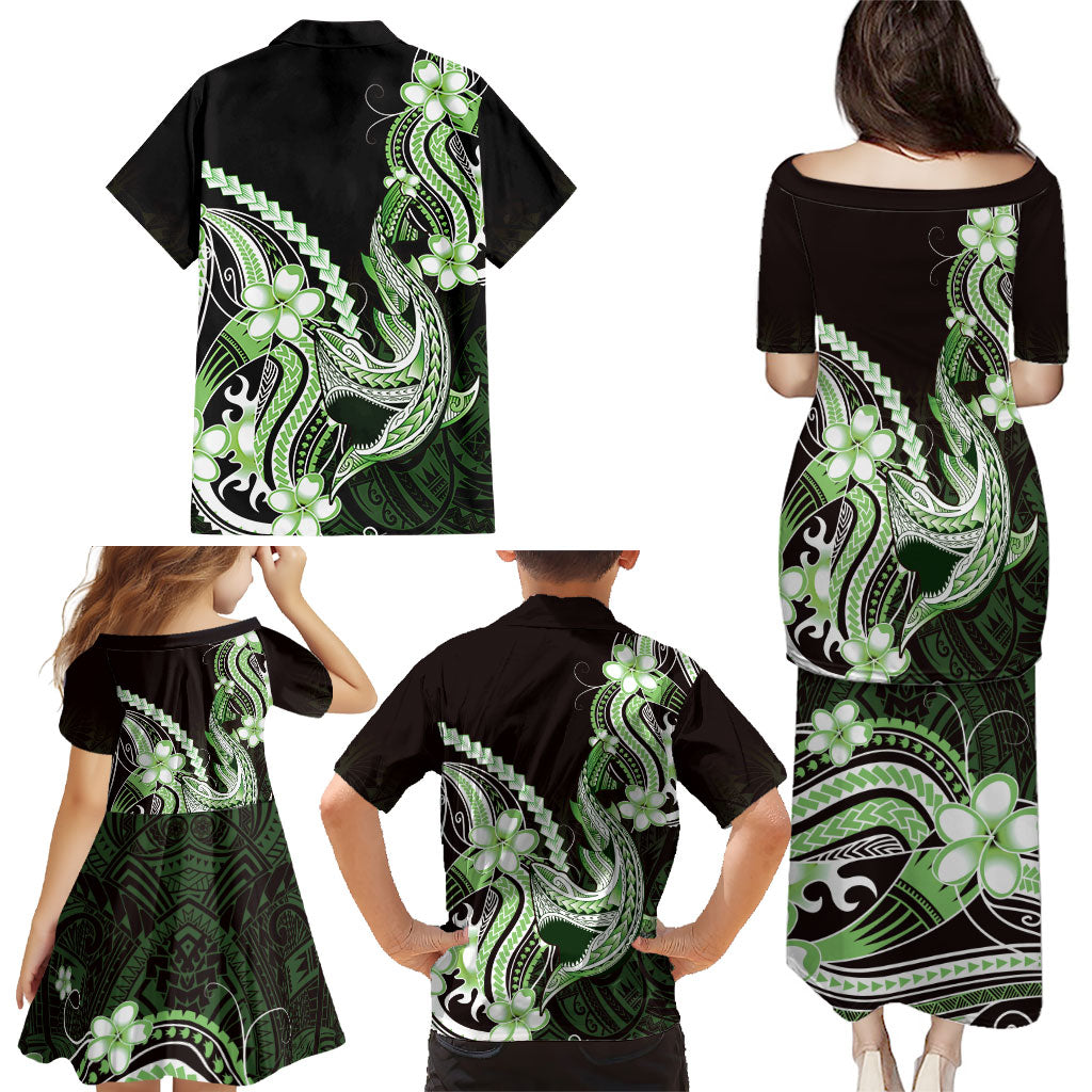Green Black Aloha Hawaii Family Matching Puletasi and Hawaiian Shirt Polynesian Shark Tattoo Plumeria