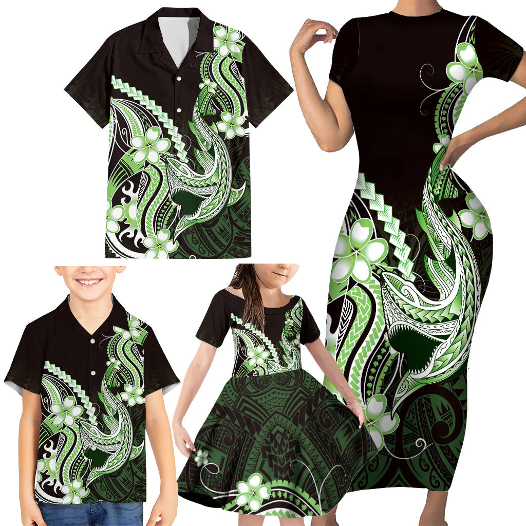 Green Black Aloha Hawaii Family Matching Short Sleeve Bodycon Dress and Hawaiian Shirt Polynesian Shark Tattoo Plumeria LT14 - Polynesian Pride