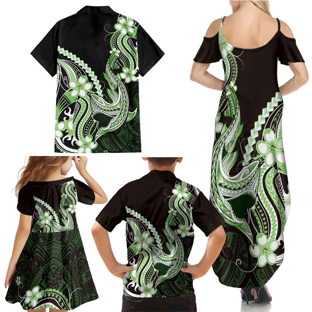Green Black Aloha Hawaii Family Matching Summer Maxi Dress and Hawaiian Shirt Polynesian Shark Tattoo Plumeria