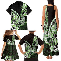 Green Black Aloha Hawaii Family Matching Tank Maxi Dress and Hawaiian Shirt Polynesian Shark Tattoo Plumeria