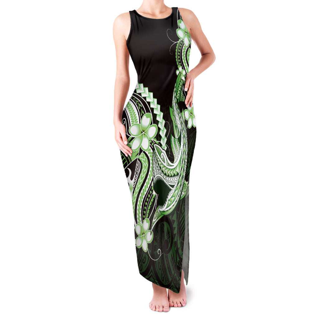 Green Black Aloha Hawaii Family Matching Tank Maxi Dress and Hawaiian Shirt Polynesian Shark Tattoo Plumeria
