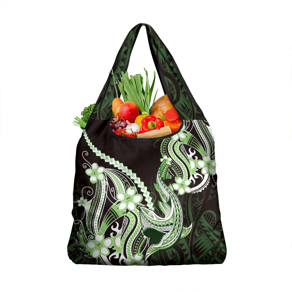 Green Black Aloha Hawaii Grocery Bag Polynesian Shark Tattoo Plumeria