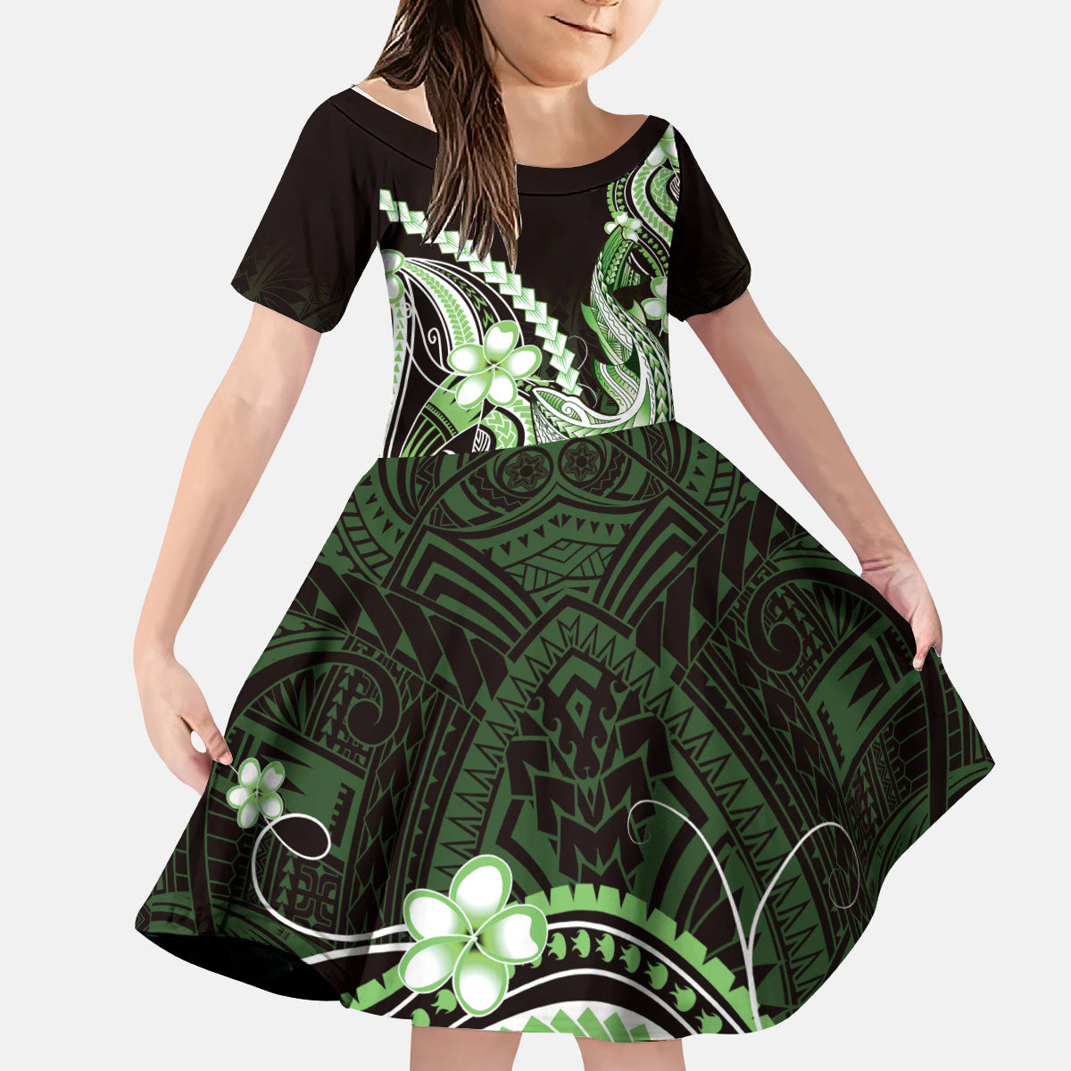 Green Black Aloha Hawaii Kid Short Sleeve Dress Polynesian Shark Tattoo Plumeria