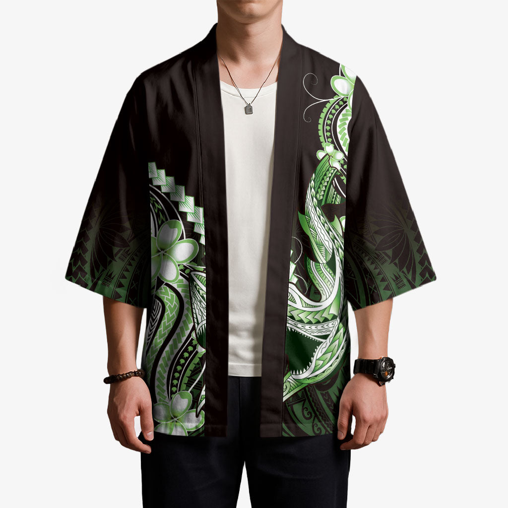 Green Black Aloha Hawaii Kimono Polynesian Shark Tattoo Plumeria