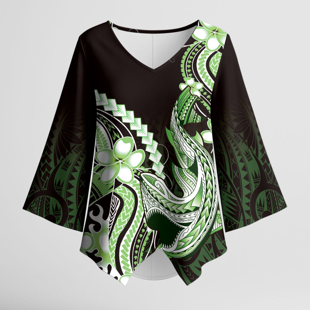 Green Black Aloha Hawaii Kimono Sleeve Blouse Polynesian Shark Tattoo Plumeria