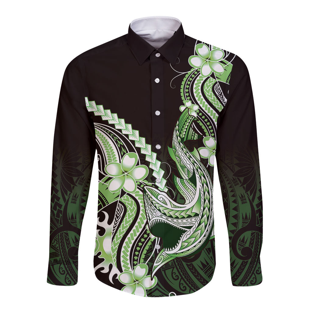 Green Black Aloha Hawaii Long Sleeve Button Shirt Polynesian Shark Tattoo Plumeria LT14 Unisex Green - Polynesian Pride