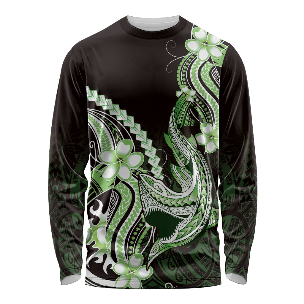 Green Black Aloha Hawaii Long Sleeve Shirt Polynesian Shark Tattoo Plumeria