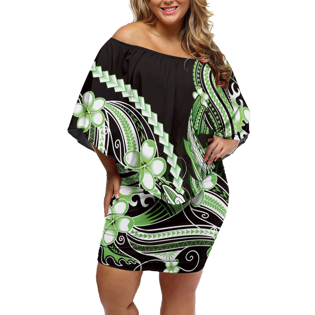 Green Black Aloha Hawaii Off Shoulder Short Dress Polynesian Shark Tattoo Plumeria LT14 Women Green - Polynesian Pride