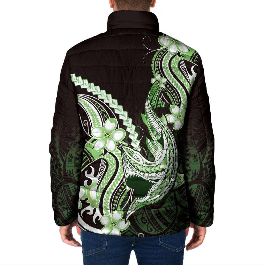 Green Black Aloha Hawaii Padded Jacket Polynesian Shark Tattoo Plumeria