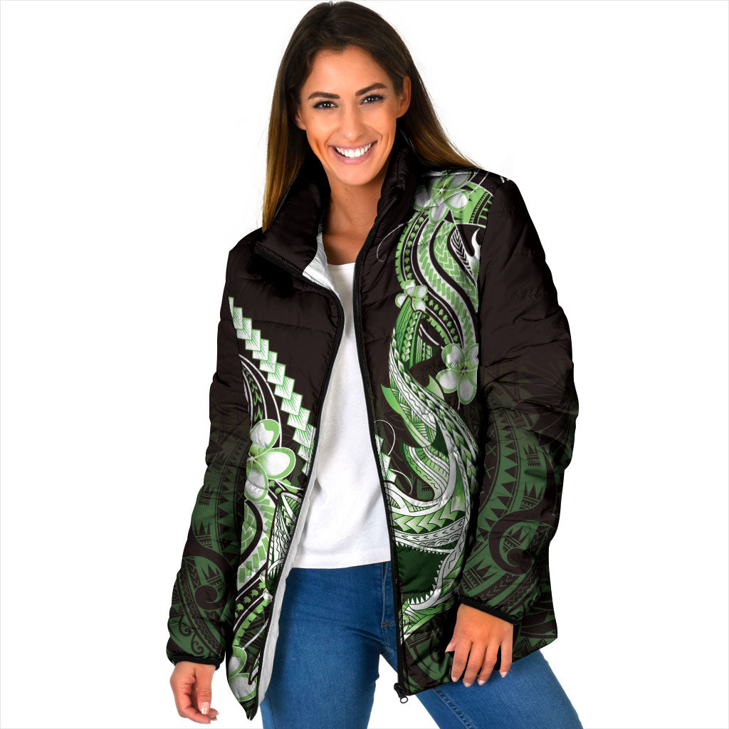Green Black Aloha Hawaii Padded Jacket Polynesian Shark Tattoo Plumeria