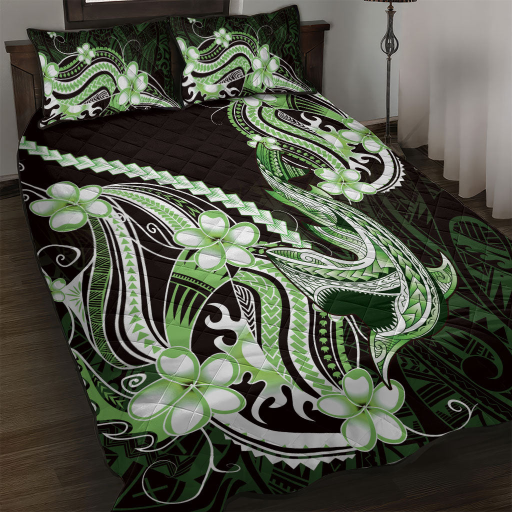 Green Black Aloha Hawaii Quilt Bed Set Polynesian Shark Tattoo Plumeria