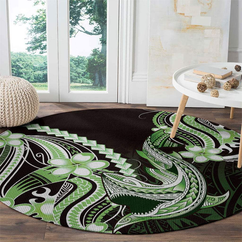 Green Black Aloha Hawaii Round Carpet Polynesian Shark Tattoo Plumeria