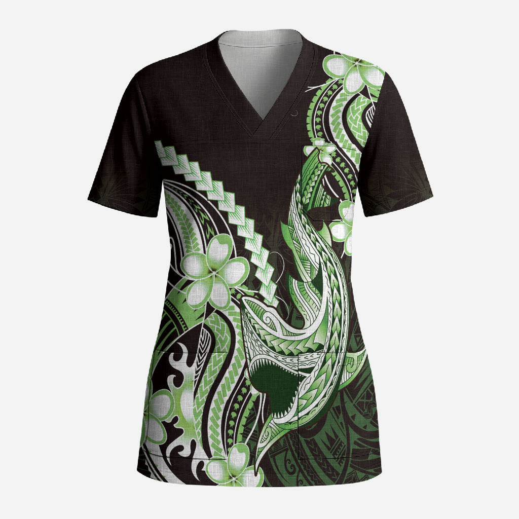 Green Black Aloha Hawaii Scrub Top Polynesian Shark Tattoo Plumeria LT14 Adult Green - Polynesian Pride