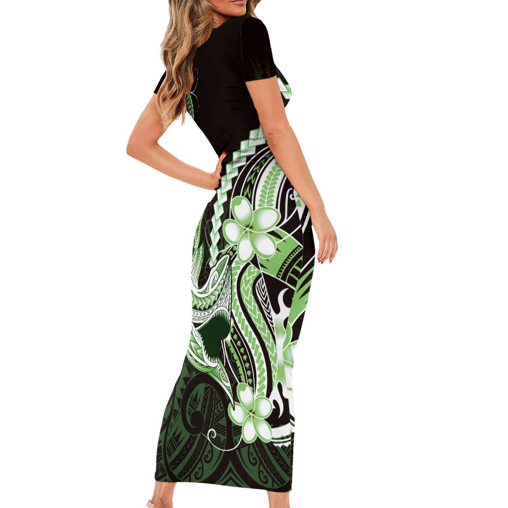 Green Black Aloha Hawaii Short Sleeve Bodycon Dress Polynesian Shark Tattoo Plumeria