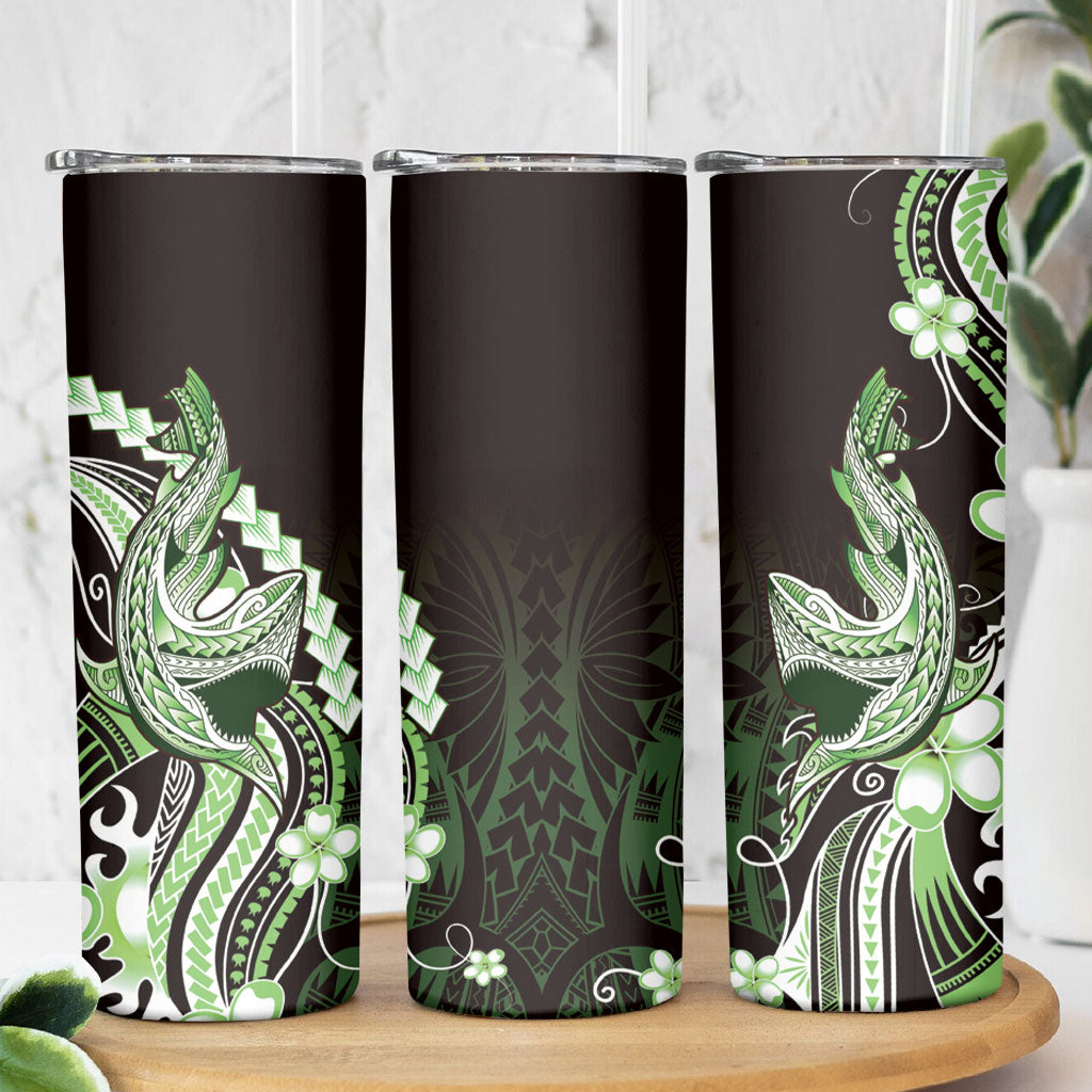 Green Black Aloha Hawaii Skinny Tumbler Polynesian Shark Tattoo Plumeria
