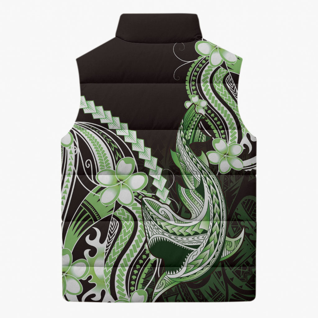 Green Black Aloha Hawaii Sleeveless Puffer Jacket Polynesian Shark Tattoo Plumeria