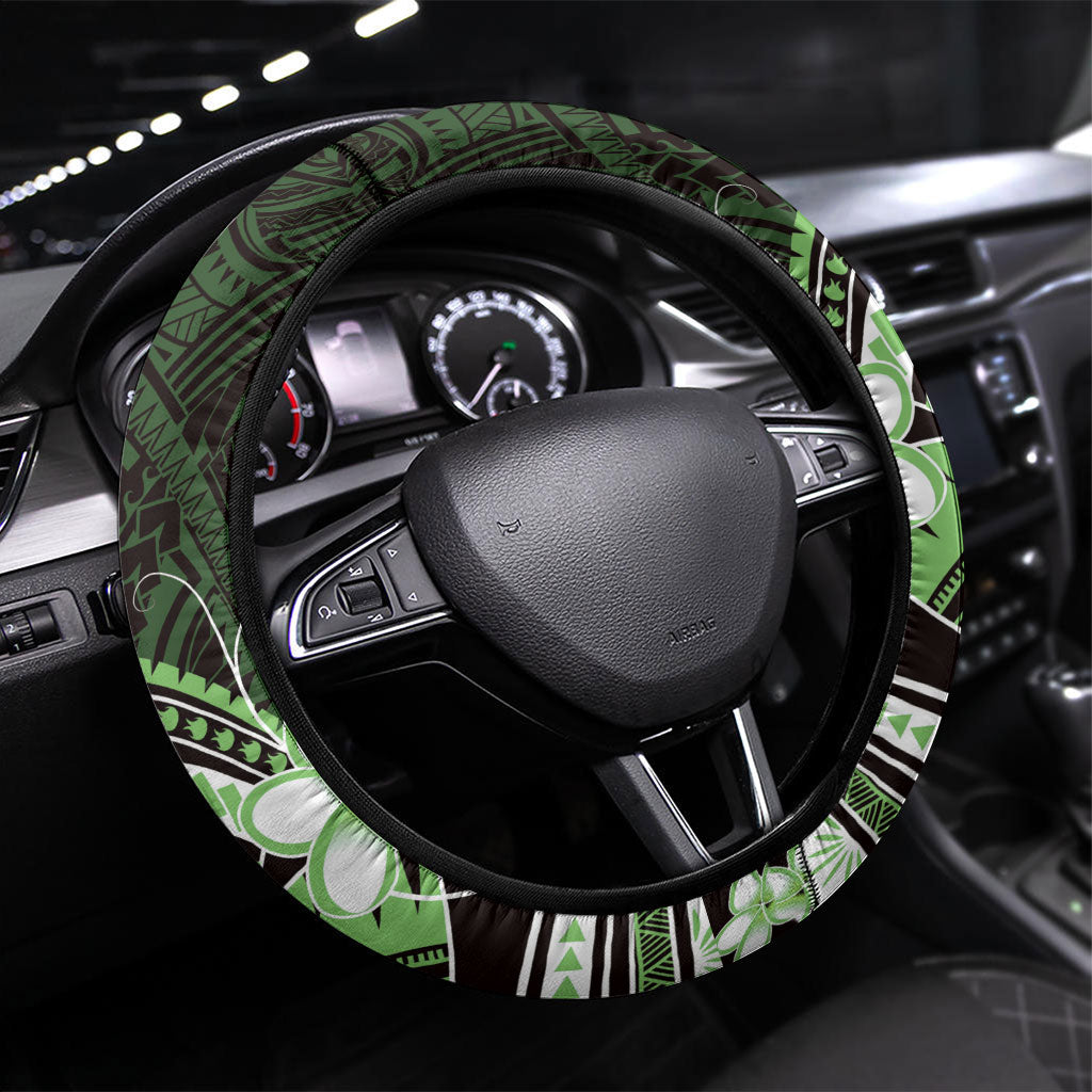 Green Black Aloha Hawaii Steering Wheel Cover Polynesian Shark Tattoo Plumeria