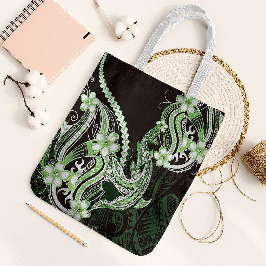 Green Black Aloha Hawaii Tote Bag Polynesian Shark Tattoo Plumeria