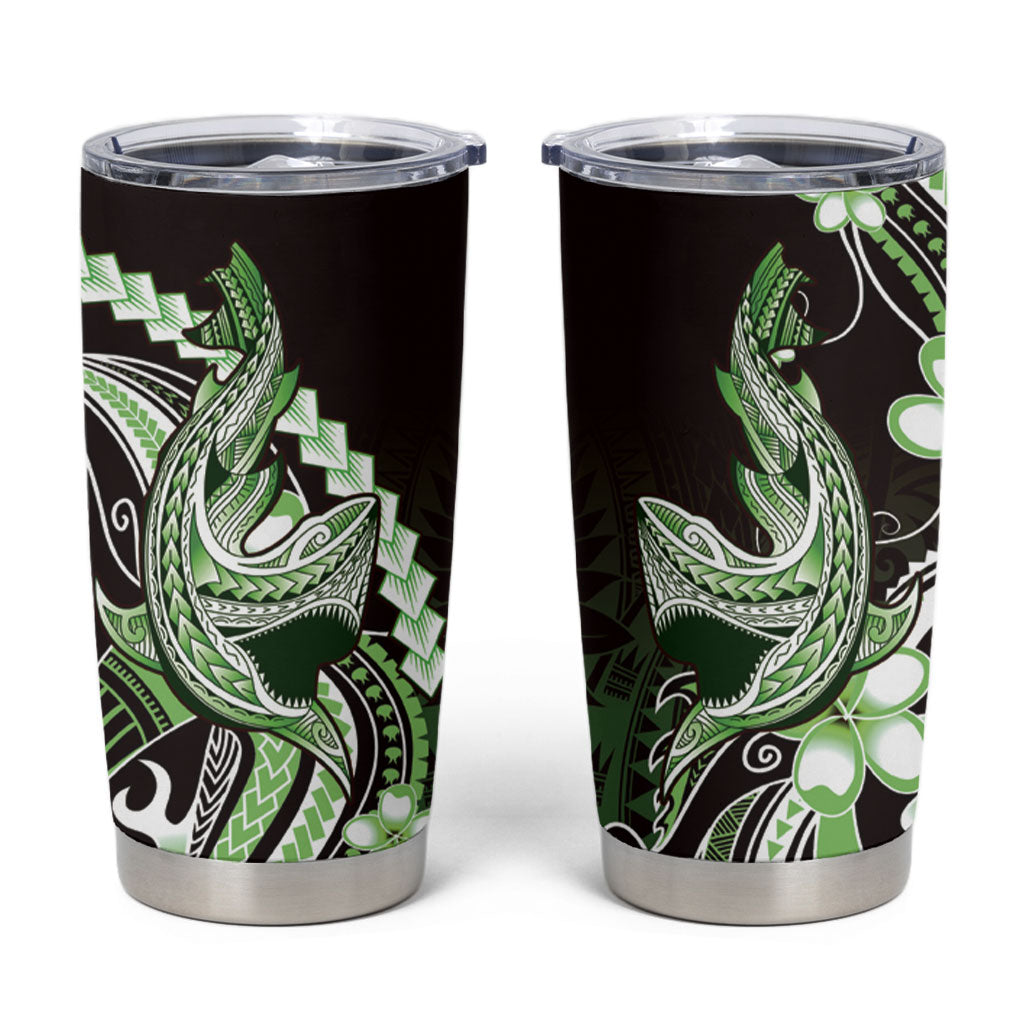 Green Black Aloha Hawaii Tumbler Cup Polynesian Shark Tattoo Plumeria