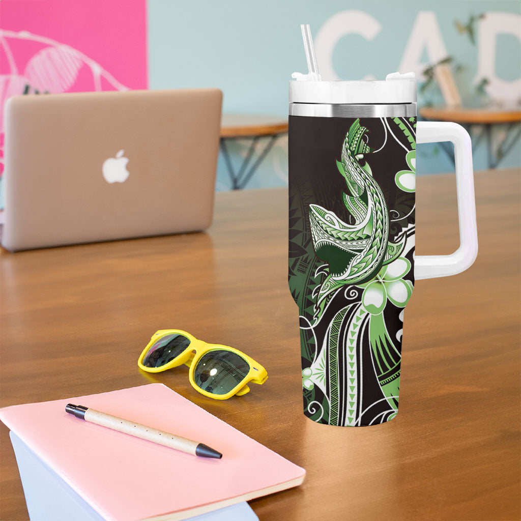 Green Black Aloha Hawaii Tumbler With Handle Polynesian Shark Tattoo Plumeria
