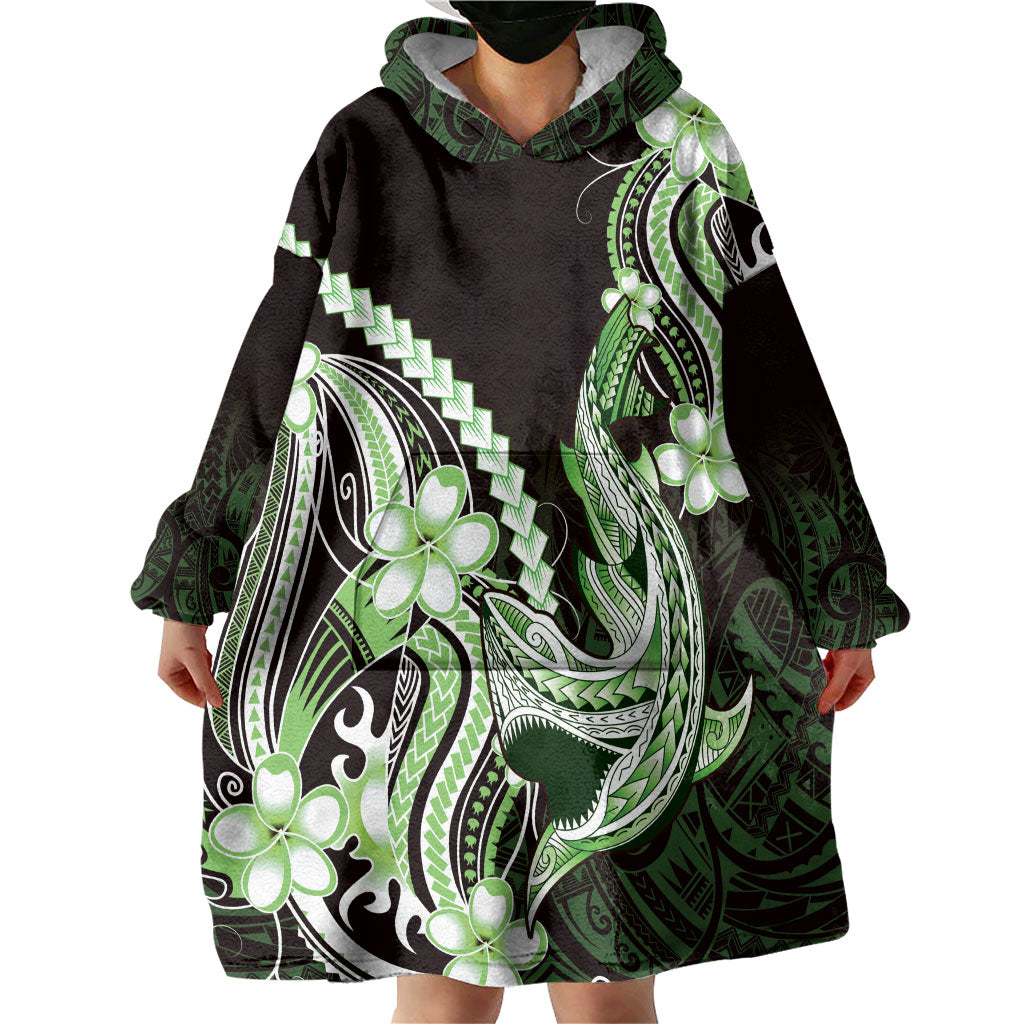 Green Black Aloha Hawaii Wearable Blanket Hoodie Polynesian Shark Tattoo Plumeria