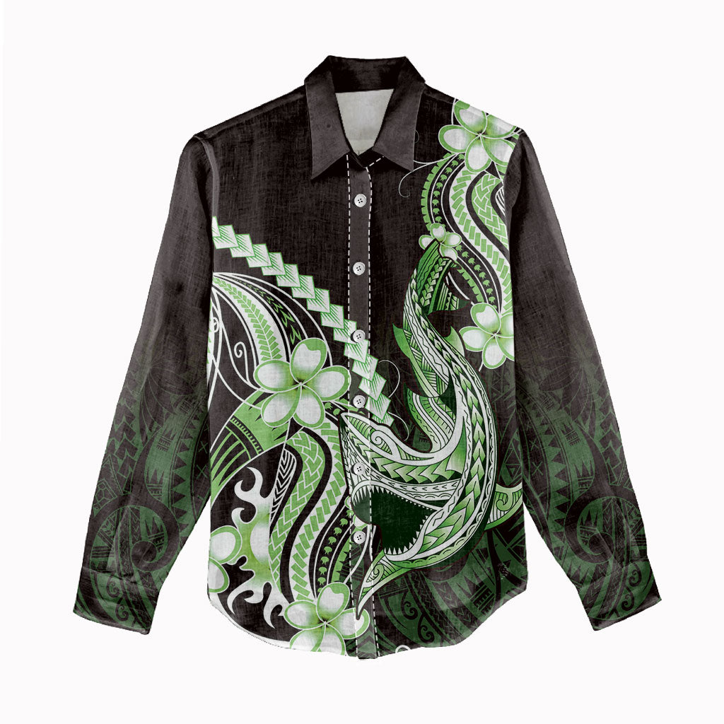 Green Black Aloha Hawaii Women Casual Shirt Polynesian Shark Tattoo Plumeria