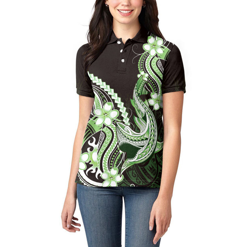 Green Black Aloha Hawaii Women Polo Shirt Polynesian Shark Tattoo Plumeria