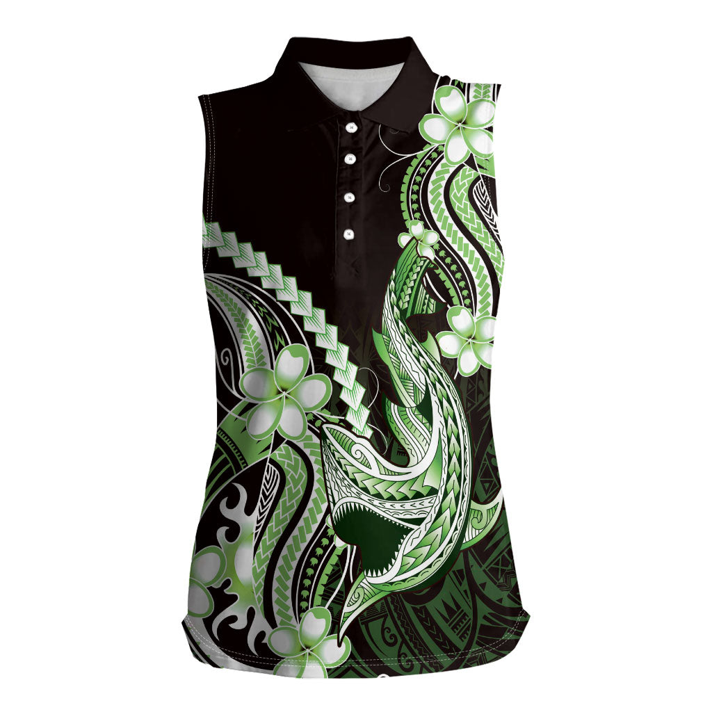 Green Black Aloha Hawaii Women Sleeveless Polo Shirt Polynesian Shark Tattoo Plumeria