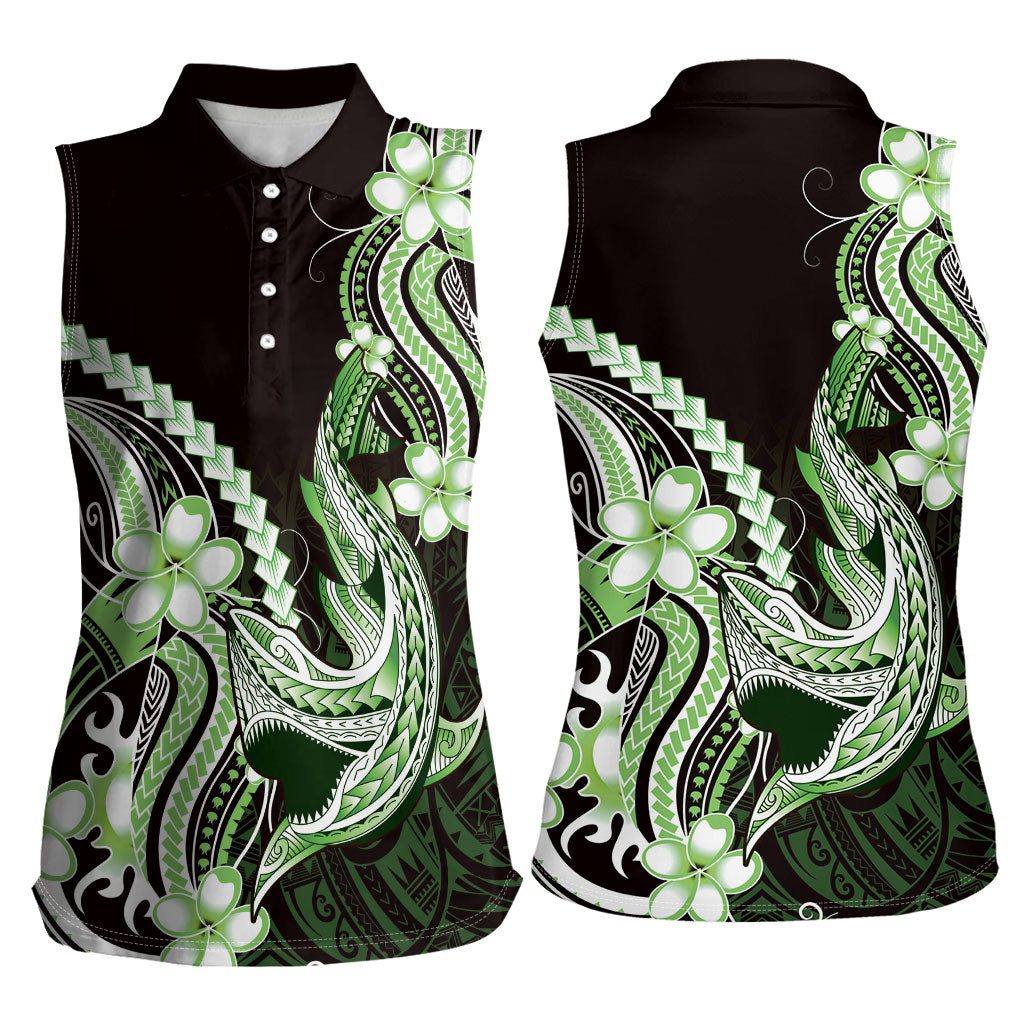 Green Black Aloha Hawaii Women Sleeveless Polo Shirt Polynesian Shark Tattoo Plumeria