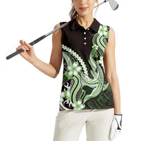 Green Black Aloha Hawaii Women Sleeveless Polo Shirt Polynesian Shark Tattoo Plumeria