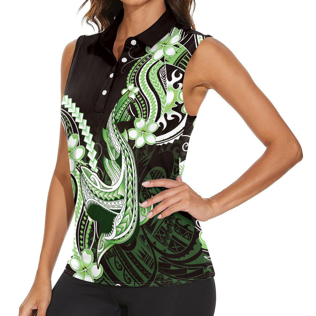 Green Black Aloha Hawaii Women Sleeveless Polo Shirt Polynesian Shark Tattoo Plumeria