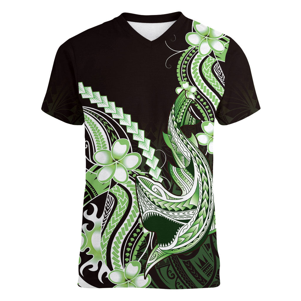 Green Black Aloha Hawaii Women V-Neck T-Shirt Polynesian Shark Tattoo Plumeria