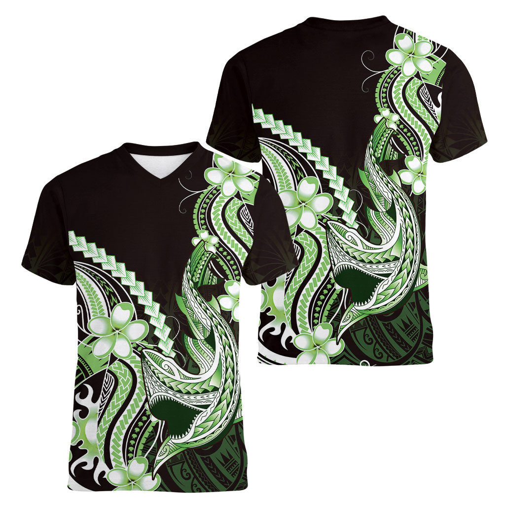 Green Black Aloha Hawaii Women V-Neck T-Shirt Polynesian Shark Tattoo Plumeria