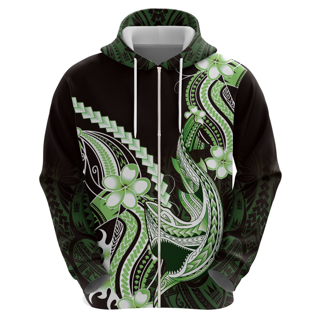 Green Black Aloha Hawaii Zip Hoodie Polynesian Shark Tattoo Plumeria