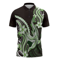 Green Black Aloha Hawaii Zipper Polo Shirt Polynesian Shark Tattoo Plumeria