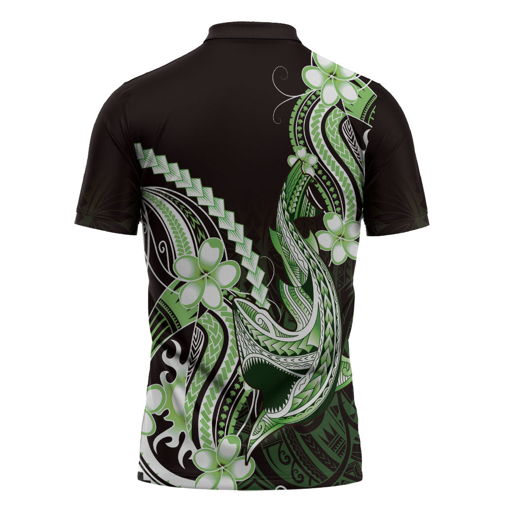 Green Black Aloha Hawaii Zipper Polo Shirt Polynesian Shark Tattoo Plumeria