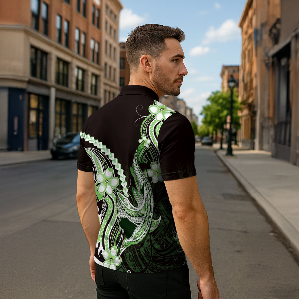 Green Black Aloha Hawaii Zipper Polo Shirt Polynesian Shark Tattoo Plumeria
