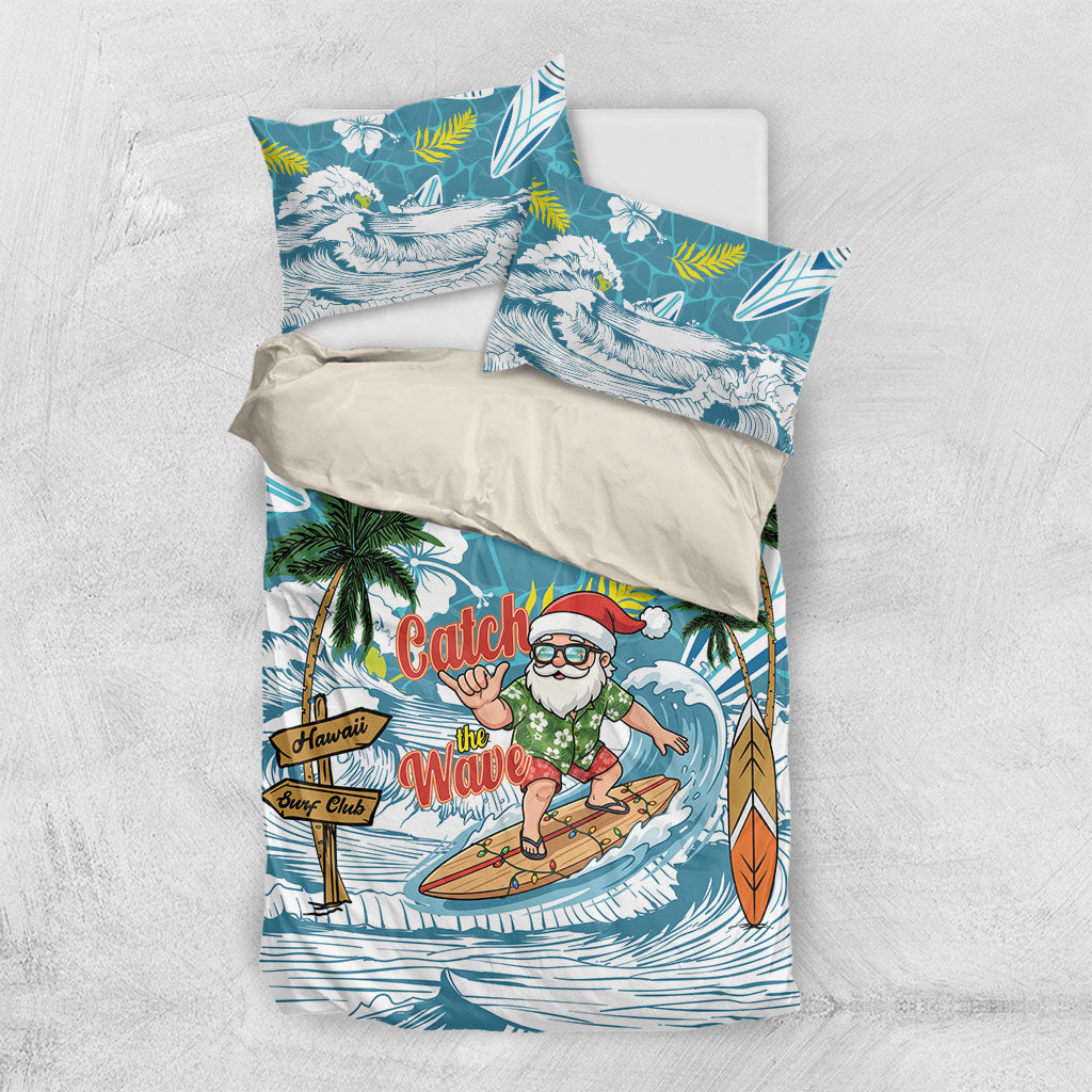 Hawaii Summer Christmas Bedding Set Surfing Santa Shaka Catch The Wave