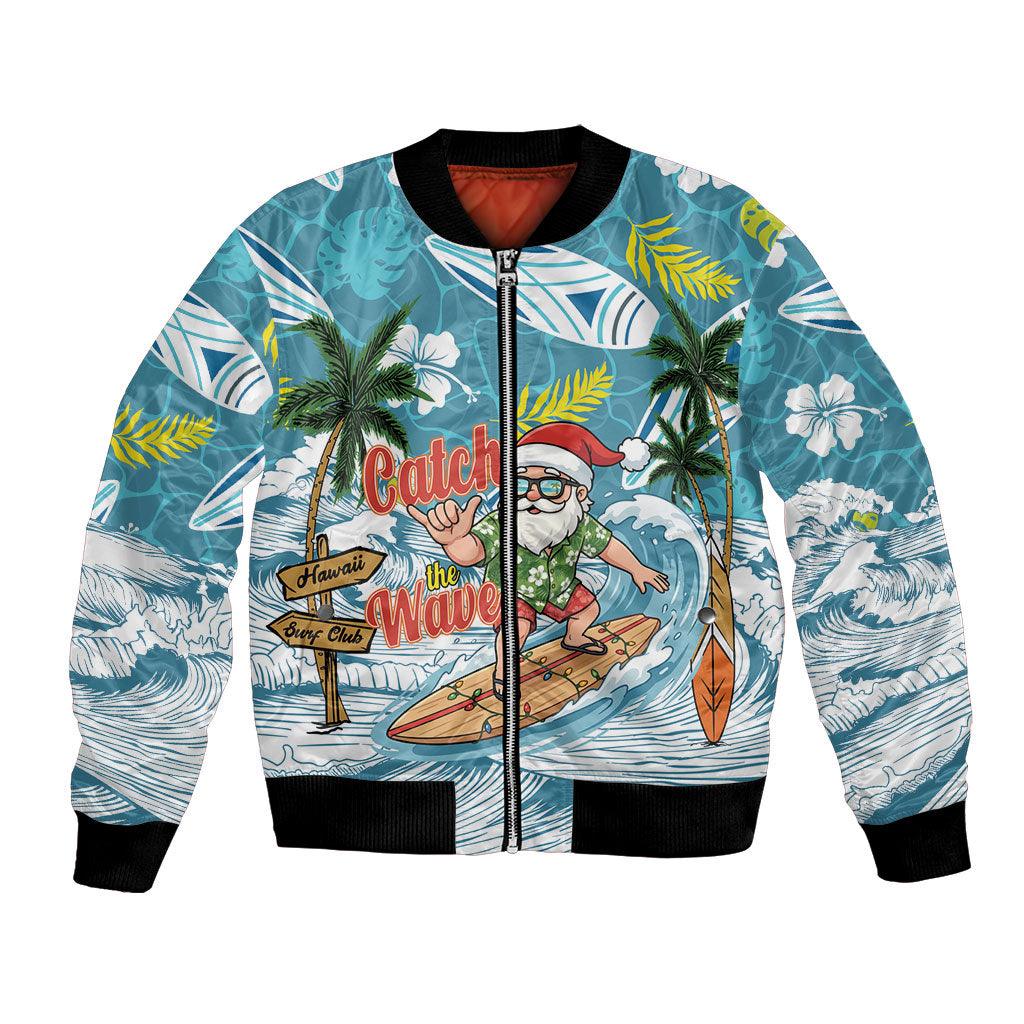 Hawaii Summer Christmas Bomber Jacket Surfing Santa Shaka Catch The Wave