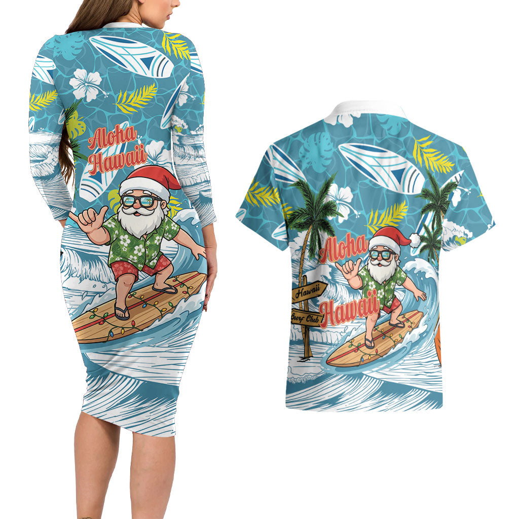 Hawaii Summer Christmas Couples Matching Long Sleeve Bodycon Dress and Hawaiian Shirt Surfing Santa Shaka Catch The Wave