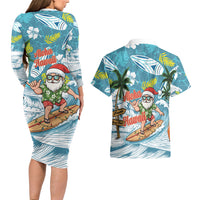 Hawaii Summer Christmas Couples Matching Long Sleeve Bodycon Dress and Hawaiian Shirt Surfing Santa Shaka Catch The Wave