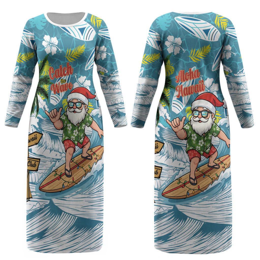 Hawaii Summer Christmas Couples Matching Long Sleeve Bodycon Dress and Hawaiian Shirt Surfing Santa Shaka Catch The Wave LT14 - Polynesian Pride